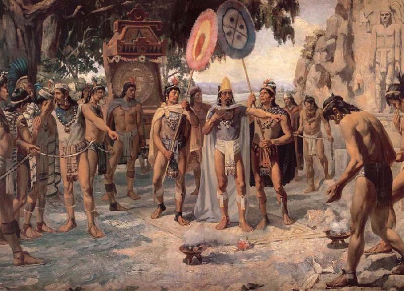 unknow artist Montezuma responds to Chapultepec for develar the esculturos of its ancestros Norge oil painting art